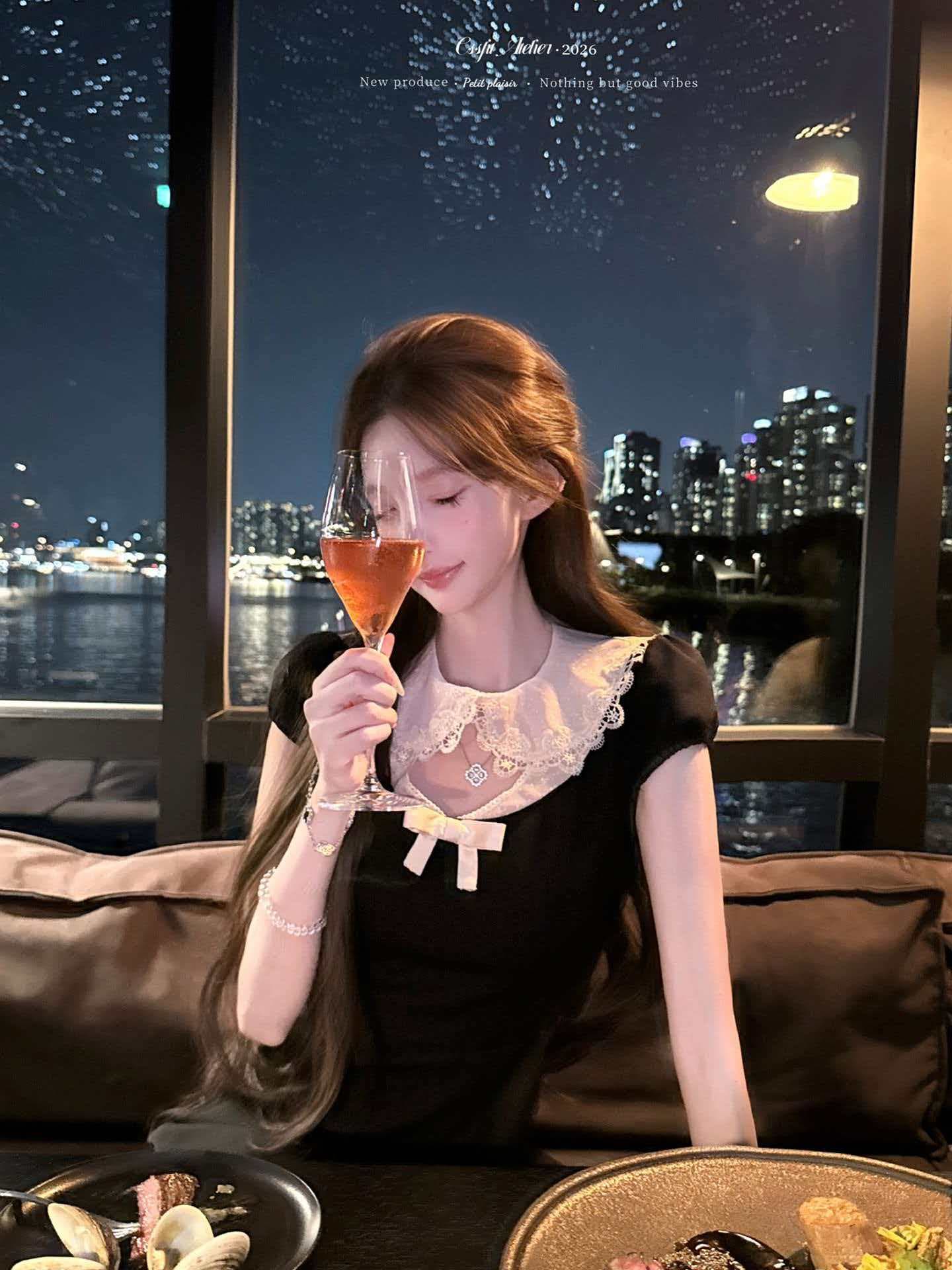 여름 한국 스타일 도트 무늬 피터 팬 칼라 레이스 홀로우 아웃 패치워크 거품 소매 드레스 상세 이미지 1