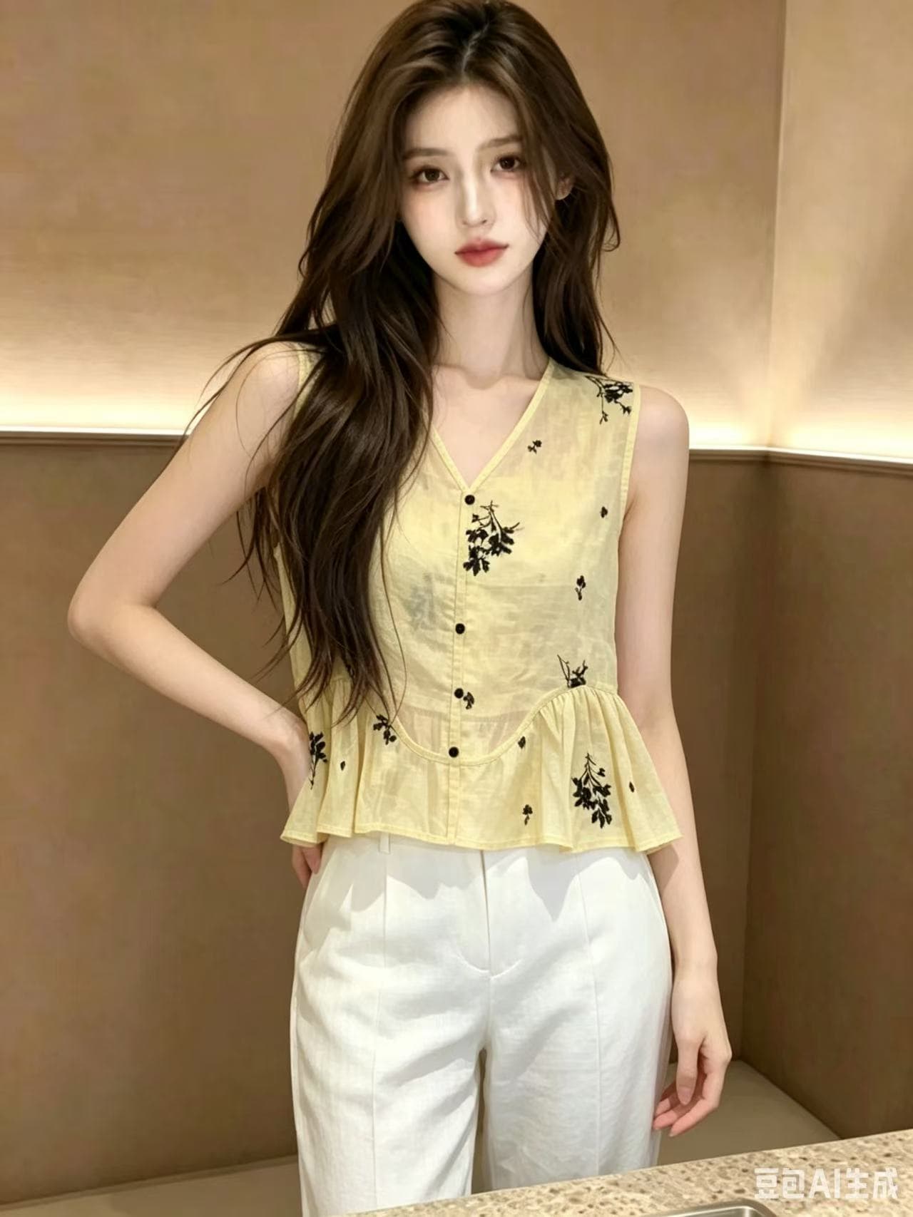 2026 여름 자수 V넥 싱글 줄 버튼 민소매 작은 셔츠 연령 감소 패션 맨위 상세 이미지 1