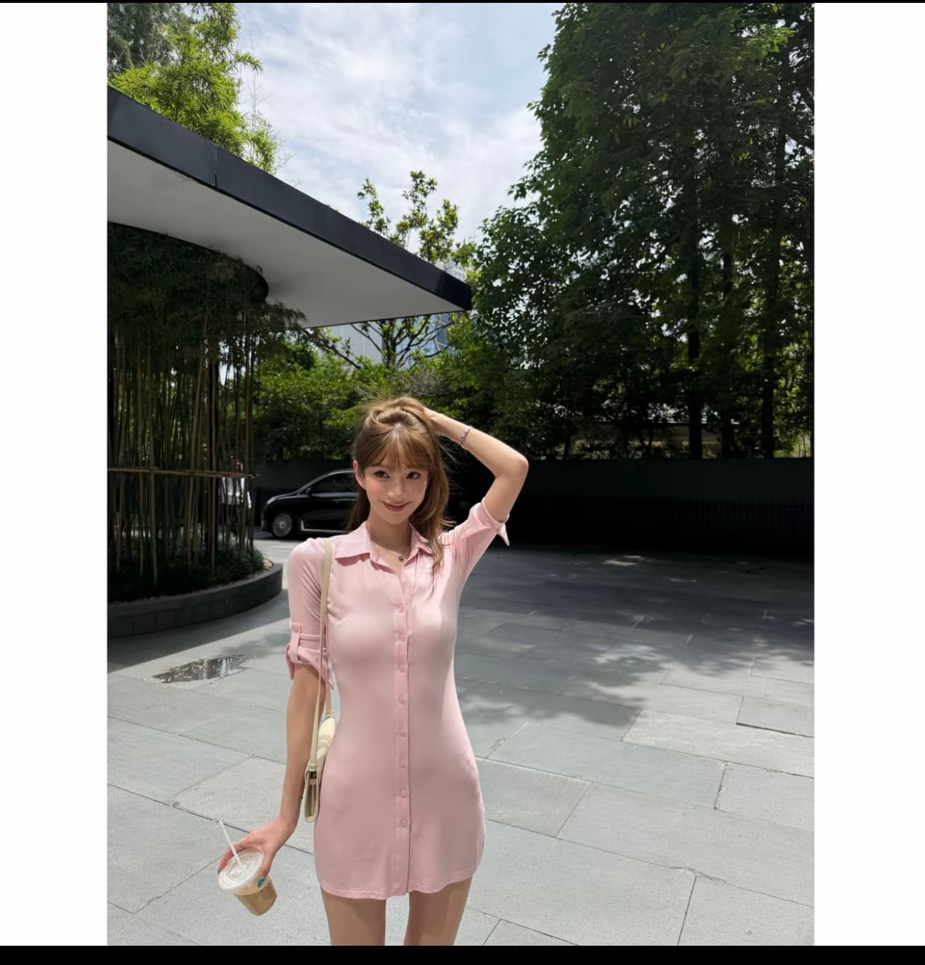 부드러운 핑크색 POLO 칼라 몸매 가꾸기 나팔 소매 여성 드레스 여름 미니 스커트 상세 이미지 4