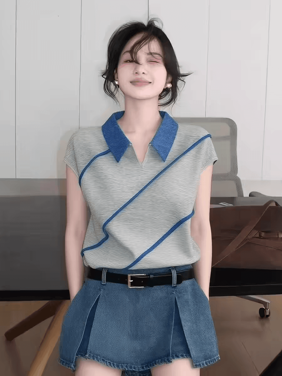 회색 배색 폴로 칼라 반팔 맨위 여성 2026 년 여름 새로운 작은 대중 몸매 가꾸기 다용도 세련된 미니멀리즘 티셔츠