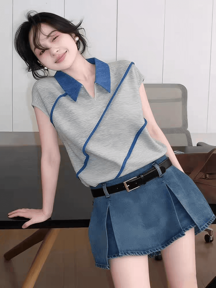 회색 배색 폴로 칼라 반팔 맨위 여성 2026 년 여름 새로운 작은 대중 몸매 가꾸기 다용도 세련된 미니멀리즘 티셔츠 상세 이미지 2