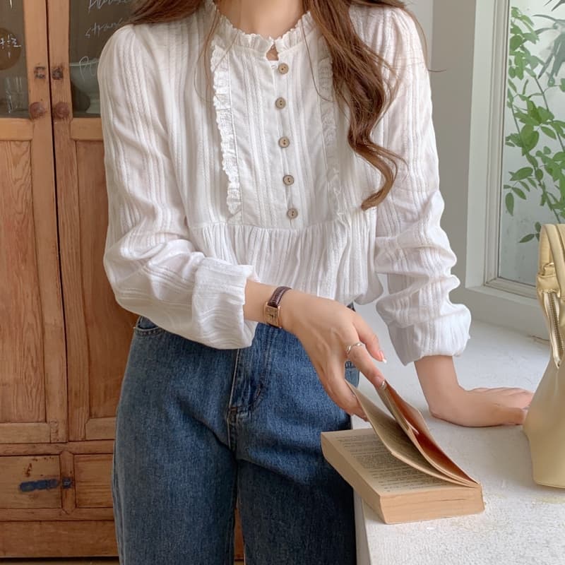 한 부서 프랑스식 부드러운 바람 자카드 단색 레이스 셔츠 상세 이미지 1