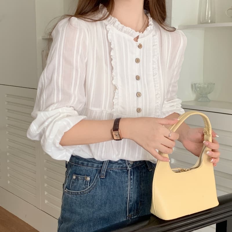 한 부서 프랑스식 부드러운 바람 자카드 단색 레이스 셔츠 상세 이미지 4