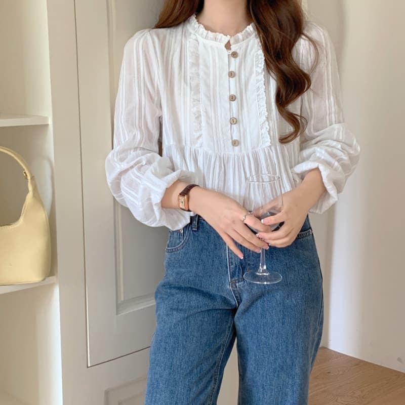 한 부서 프랑스식 부드러운 바람 자카드 단색 레이스 셔츠 상세 이미지 10