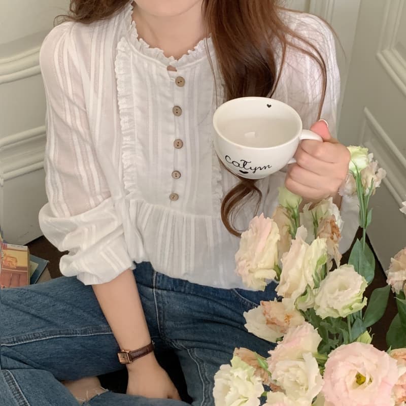 한 부서 프랑스식 부드러운 바람 자카드 단색 레이스 셔츠 상세 이미지 11