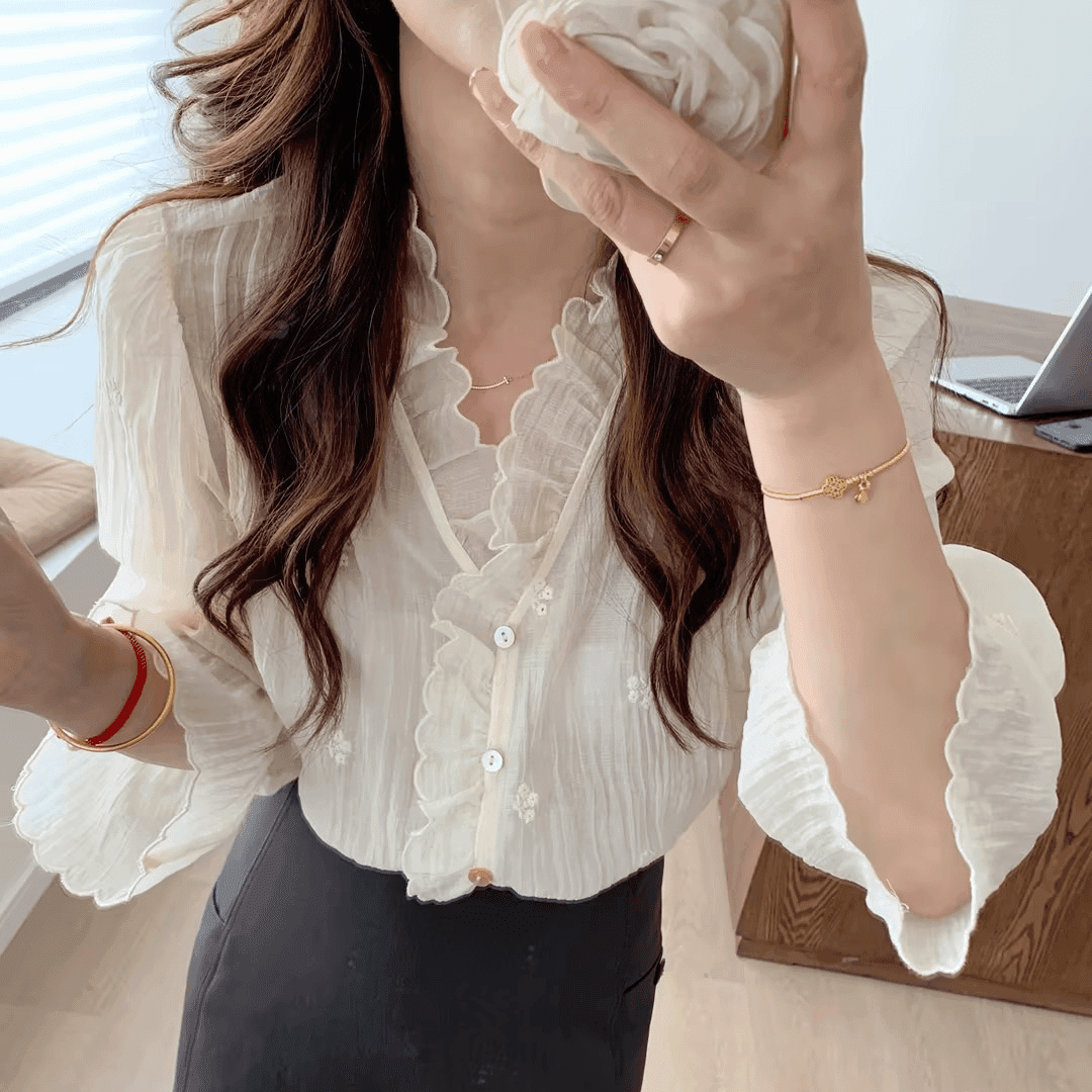 당나라 작은 나무 레이스 측면에 의류 디자인 센스 작은 대중 V넥 품격 레이스 셔츠 상세 이미지 1