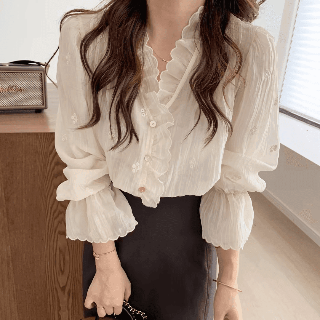 당나라 작은 나무 레이스 측면에 의류 디자인 센스 작은 대중 V넥 품격 레이스 셔츠 상세 이미지 7