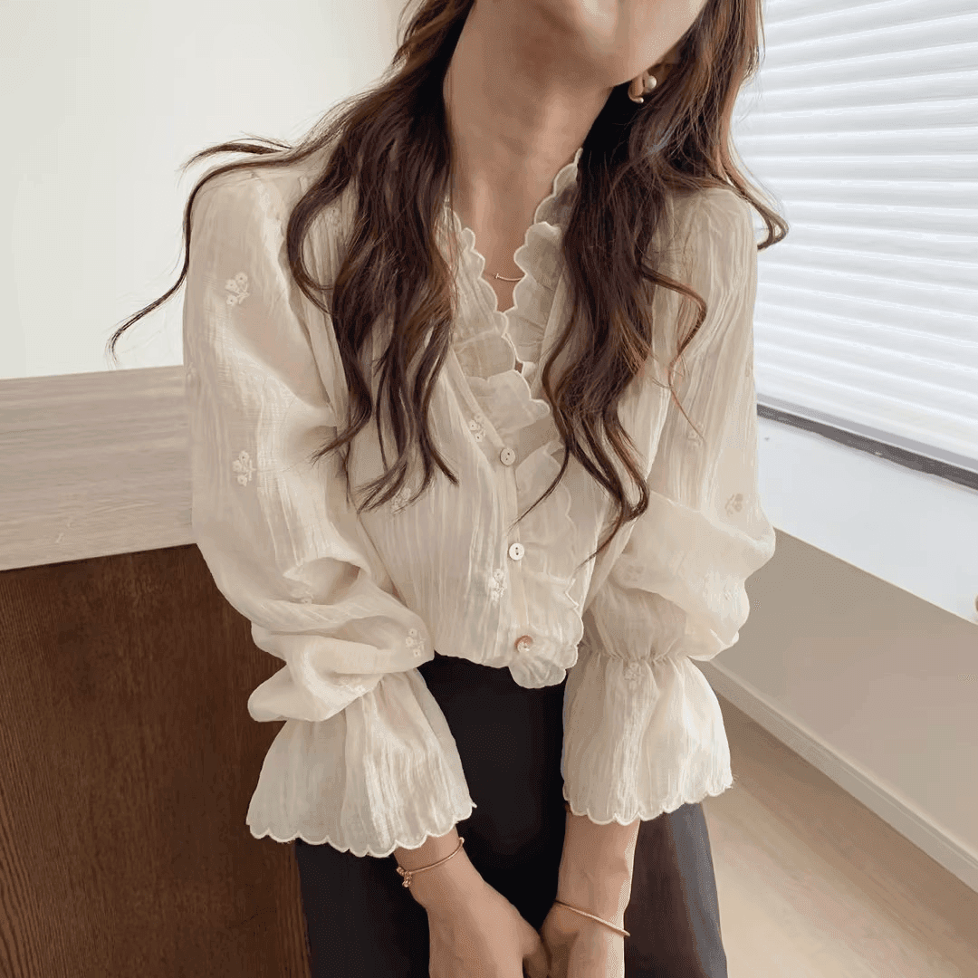 당나라 작은 나무 레이스 측면에 의류 디자인 센스 작은 대중 V넥 품격 레이스 셔츠 상세 이미지 9