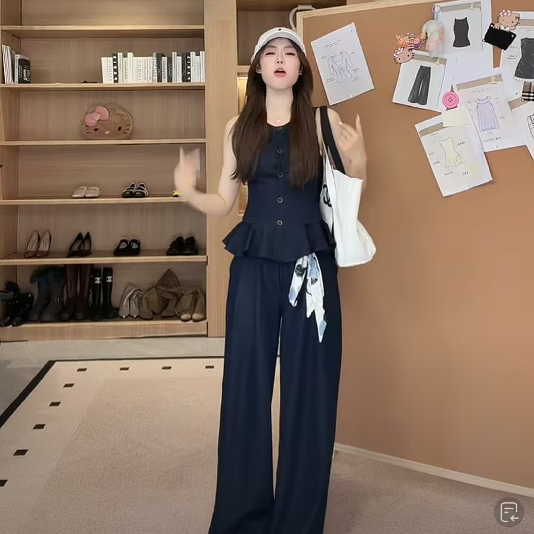 오래된 돈 프랑스식 부드러운 신선함 캐주얼 다용도 프릴 민소매 셔츠 조끼 베스트 맨위 와이드 레그 팬츠 세트 이미지 2