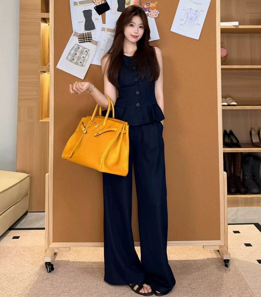 오래된 돈 프랑스식 부드러운 신선함 캐주얼 다용도 프릴 민소매 셔츠 조끼 베스트 맨위 와이드 레그 팬츠 세트 상세 이미지 14