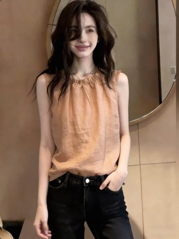 여름 통기성 출퇴근 슬림해 보이는 다용도 맨위 조끼 디스플레이 화이트 따뜻한 주황색 프릴 민소매 여성 셔츠 상세 이미지 4