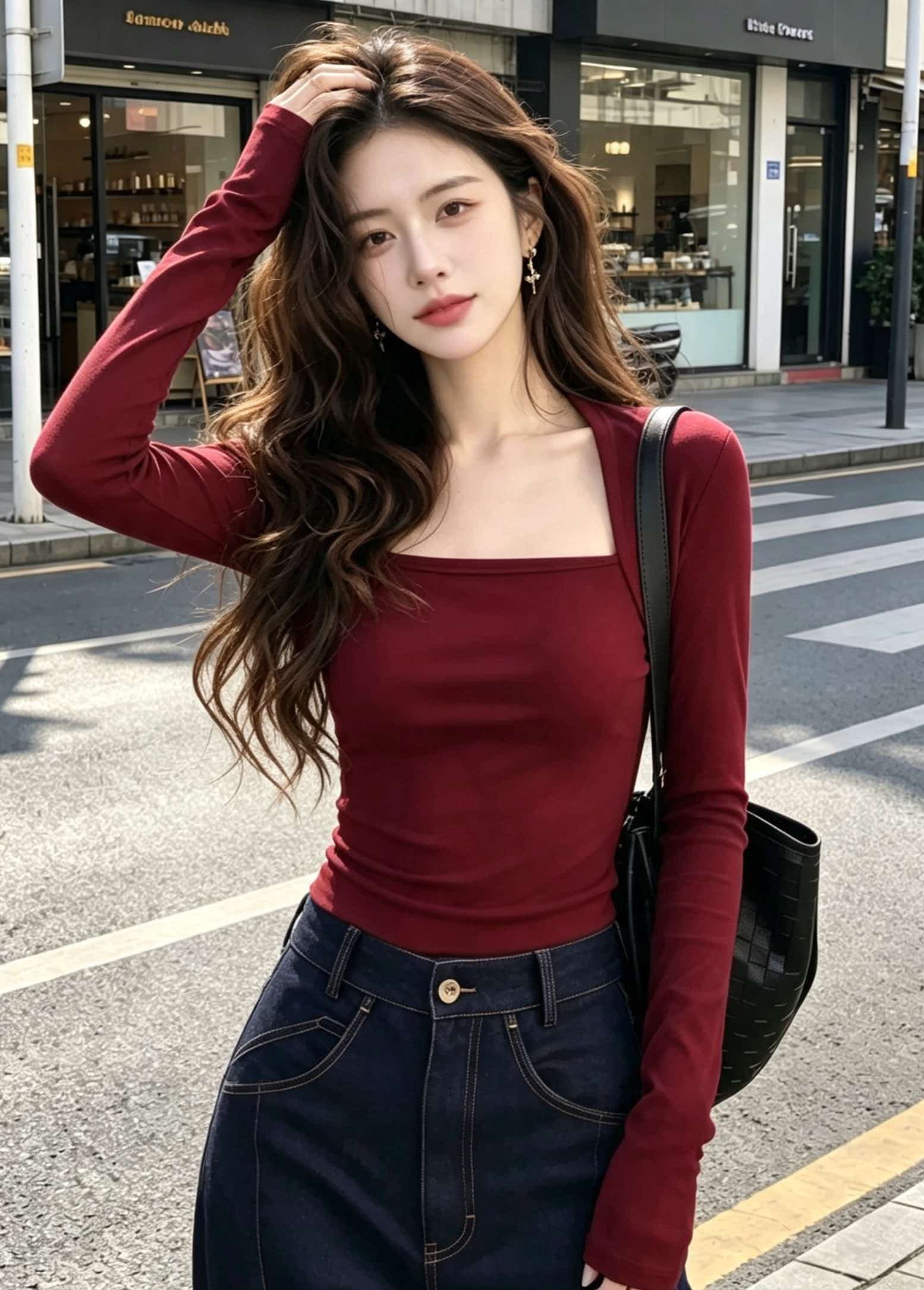 2026 새로운 핫걸 맨위 커피 색상 광장 칼라 긴팔 티셔츠 여성 가을 몸매 가꾸기 쇼트 스타일 슬림해 보이는 인사이드 가져 가라. 기본 셔츠 이미지 3