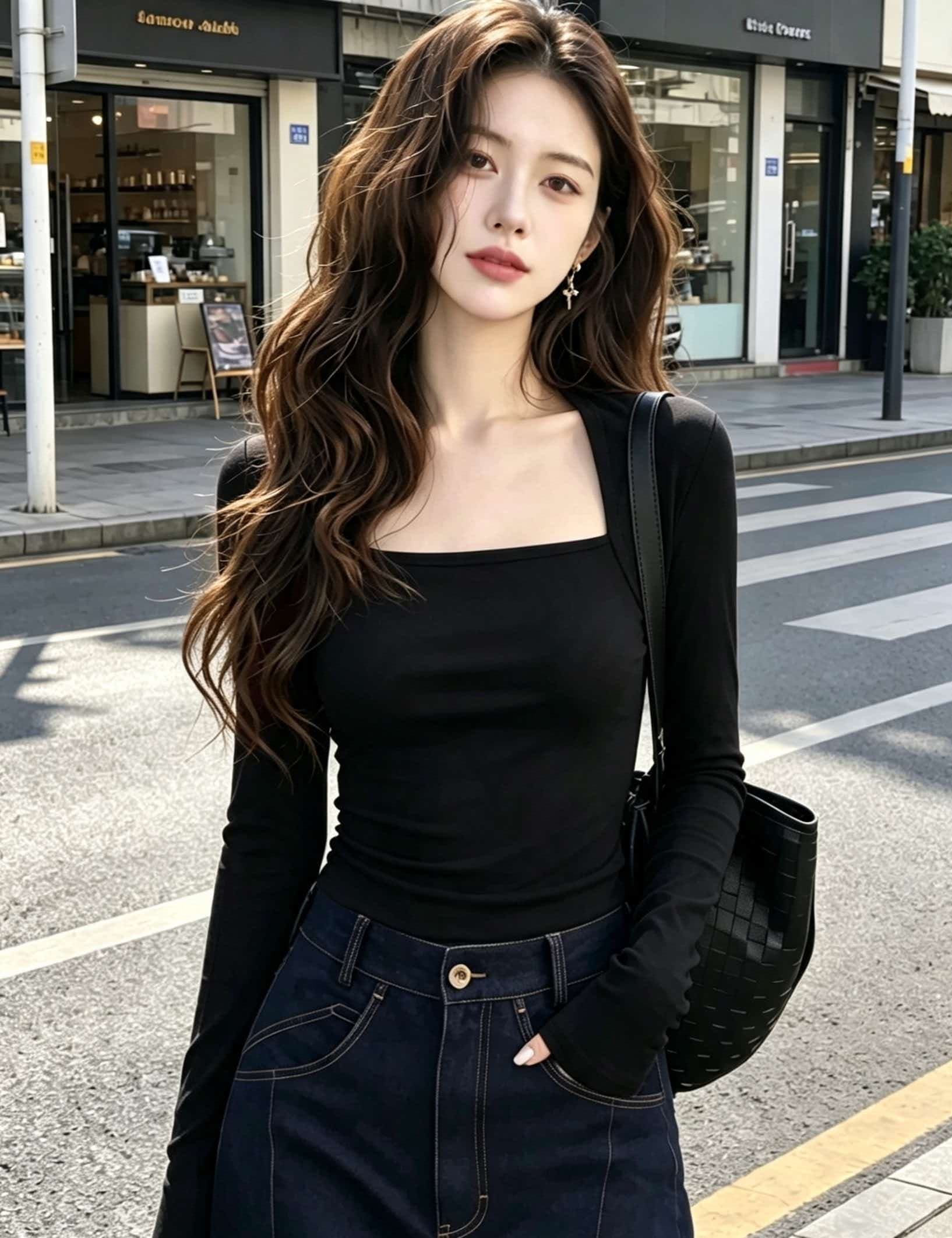 2026 새로운 핫걸 맨위 커피 색상 광장 칼라 긴팔 티셔츠 여성 가을 몸매 가꾸기 쇼트 스타일 슬림해 보이는 인사이드 가져 가라. 기본 셔츠 상세 이미지 3