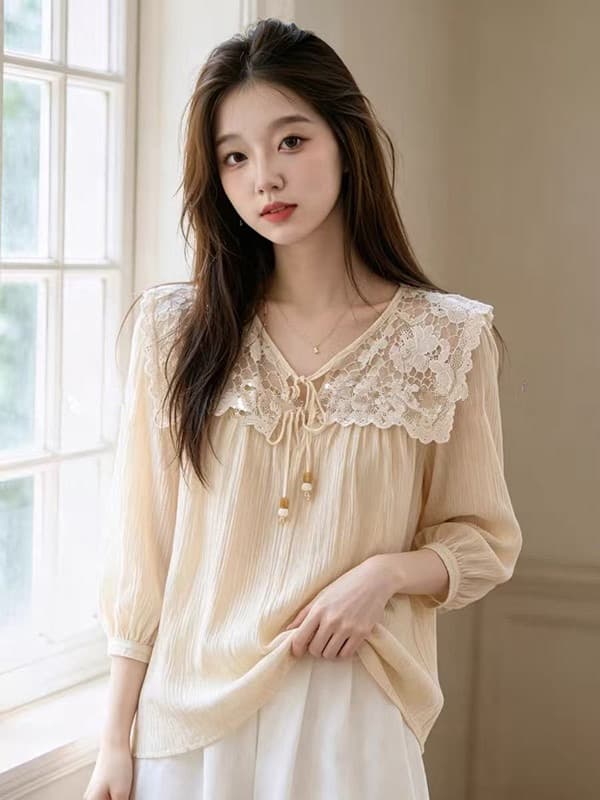 2026 여름 새로운 프랑스식 쌀 살구 색상 긴팔 여성 셔츠 부드러운 품격 디자인 센스 아름다운 아니요 명중 섹션 작은 셔츠 상세 이미지 1