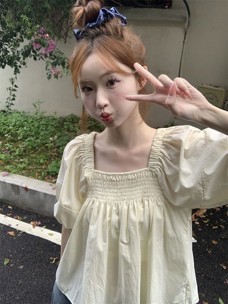 프랑스식 루즈핏 반팔 맨위 여름 섹션 여성 의류 디자인 센스 광장 칼라 거품 소매 핑크색 셔츠 상세 이미지 4
