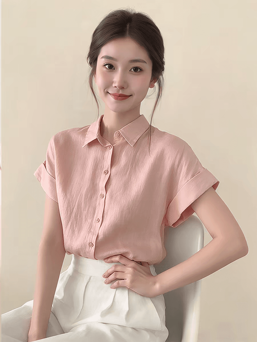 2026 여름 새로운 한 부서 달콤함 일본식 고급 센스 핑크색 반팔 여성 셔츠 미니멀리즘 루즈핏 연령 감소 맨위