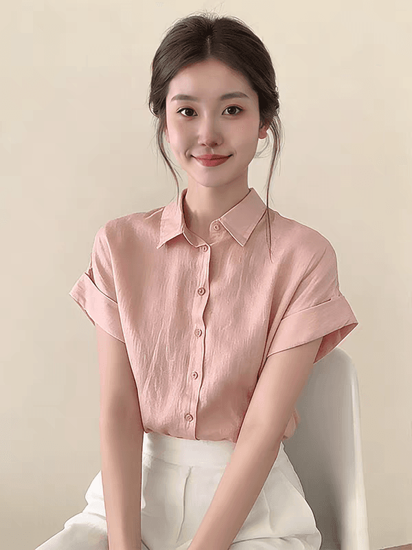 2026 여름 새로운 한 부서 달콤함 일본식 고급 센스 핑크색 반팔 여성 셔츠 미니멀리즘 루즈핏 연령 감소 맨위 이미지 2