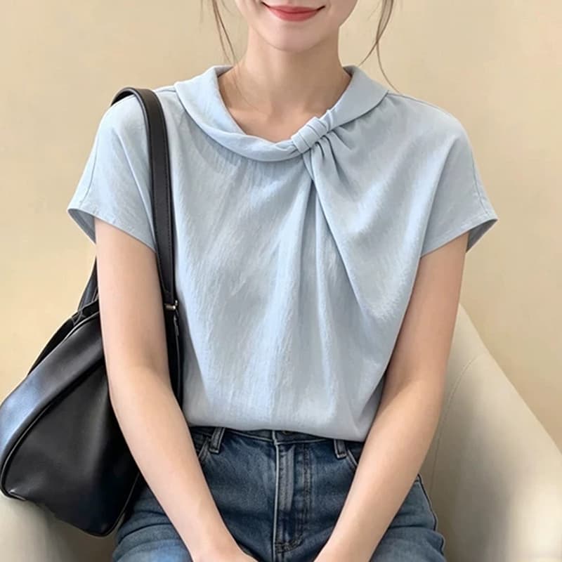 여름 새로운 프랑스식 파란색 스탠드 칼라 주름 반팔 셔츠 여성 자이언트 잘 생긴 디자인 센스 출퇴근 맨위 상세 이미지 1