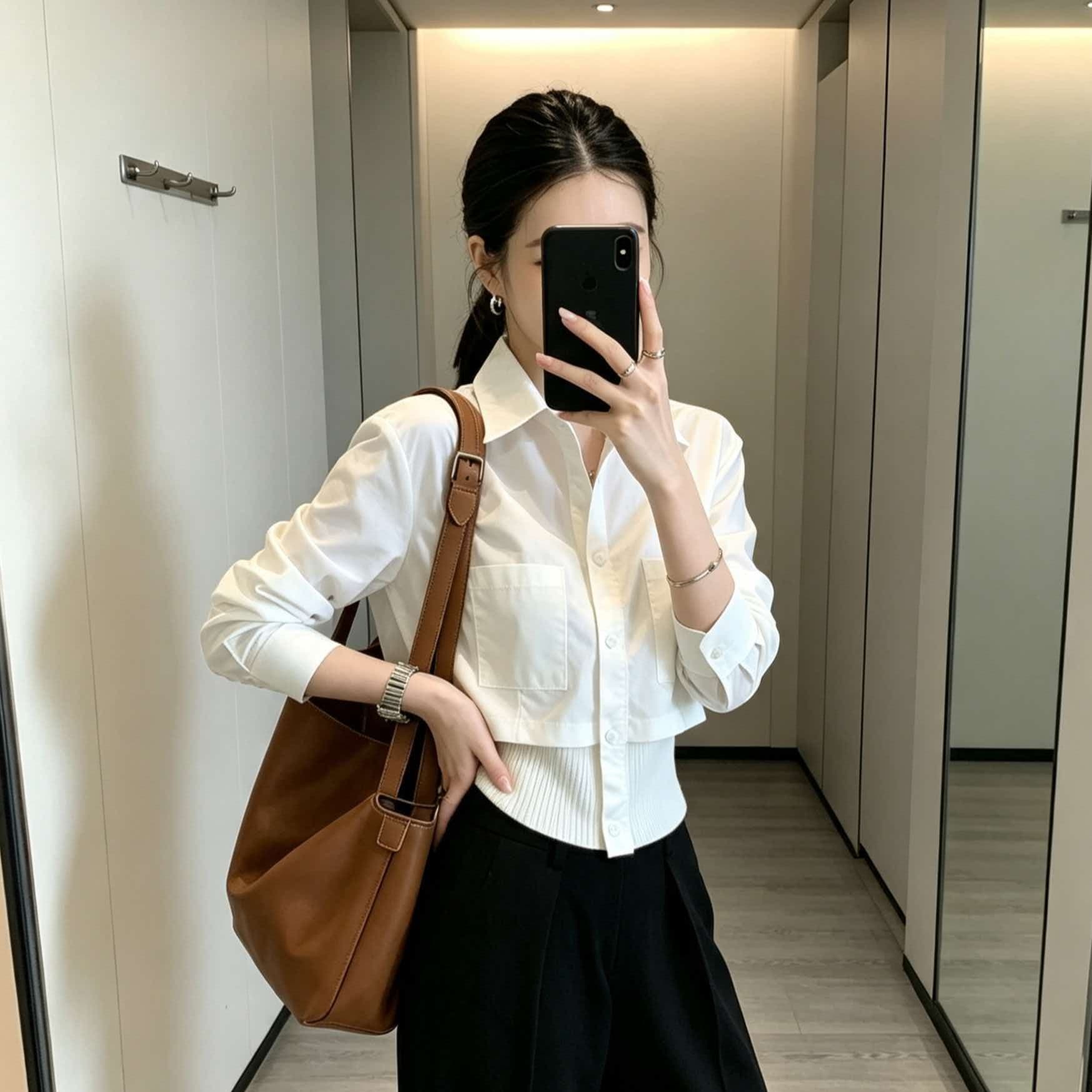 2026 가을 프랑스식 화이트 폴로 칼라 패치워크 니트 허리 수축 셔츠 아니요 명중 섹션 잘 생긴 고급 셔츠 맨위 상세 이미지 5