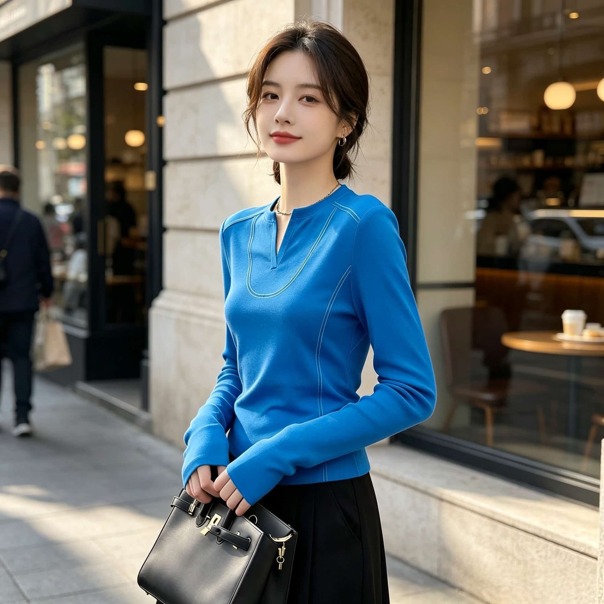 가을 도파민 녹색 V넥 패치워크 몸매 가꾸기 만나는 인사이드 가져 가라. 긴팔 티셔츠 여성 특별 아름다운 ~ 중 꼬집기 허리 위로 의류 이미지 2