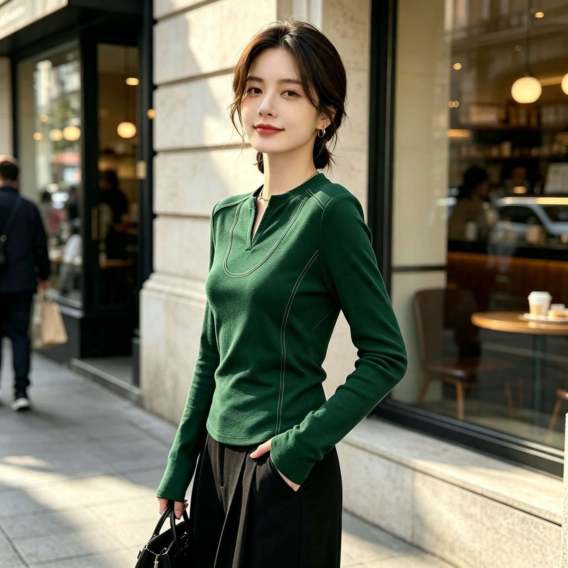 가을 도파민 녹색 V넥 패치워크 몸매 가꾸기 만나는 인사이드 가져 가라. 긴팔 티셔츠 여성 특별 아름다운 ~ 중 꼬집기 허리 위로 의류 이미지 3