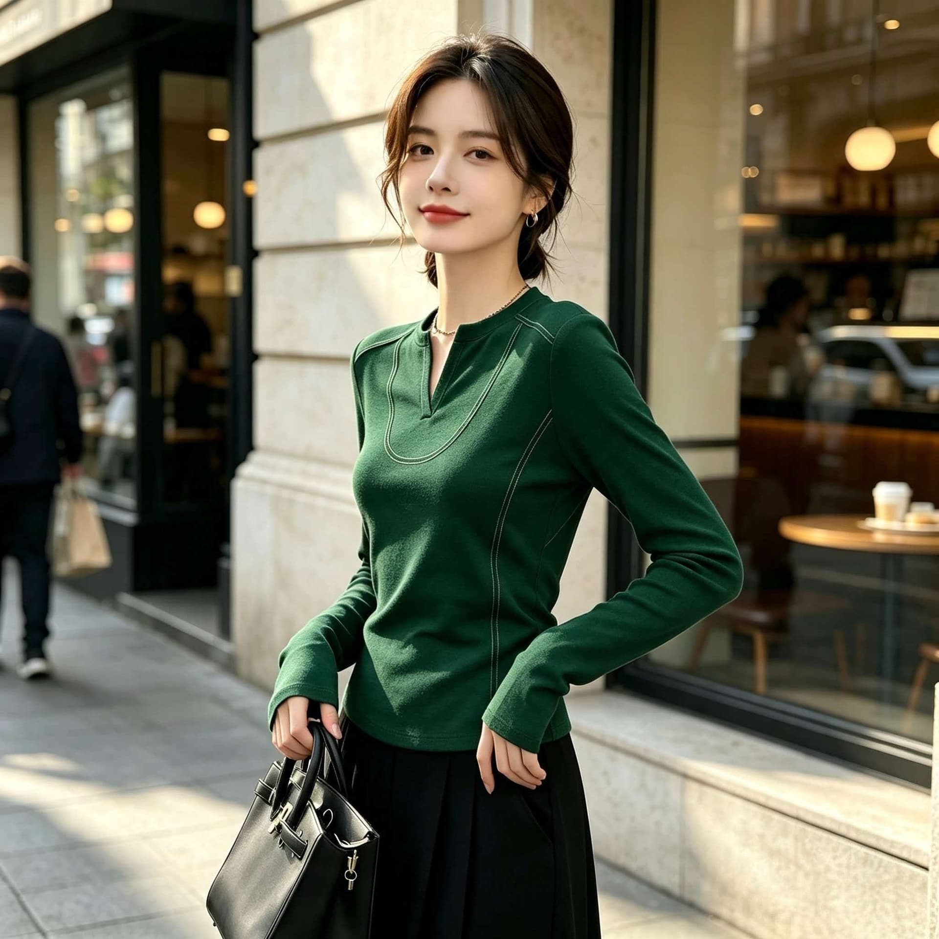 가을 도파민 녹색 V넥 패치워크 몸매 가꾸기 만나는 인사이드 가져 가라. 긴팔 티셔츠 여성 특별 아름다운 ~ 중 꼬집기 허리 위로 의류 상세 이미지 5