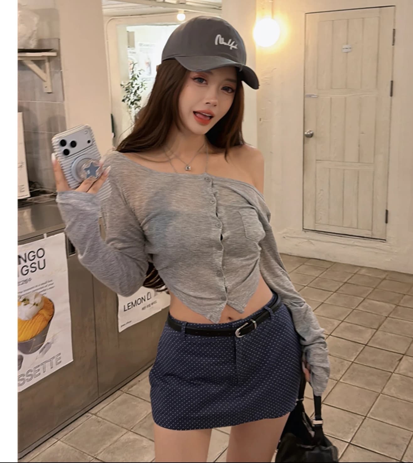 2026 이른 가을 회색 셔츠 웨이브 그림자 회색 비스듬한 어깨 자외선 차단 긴팔 블루 색상 도트 무늬 치마바지 세트 상세 이미지 2