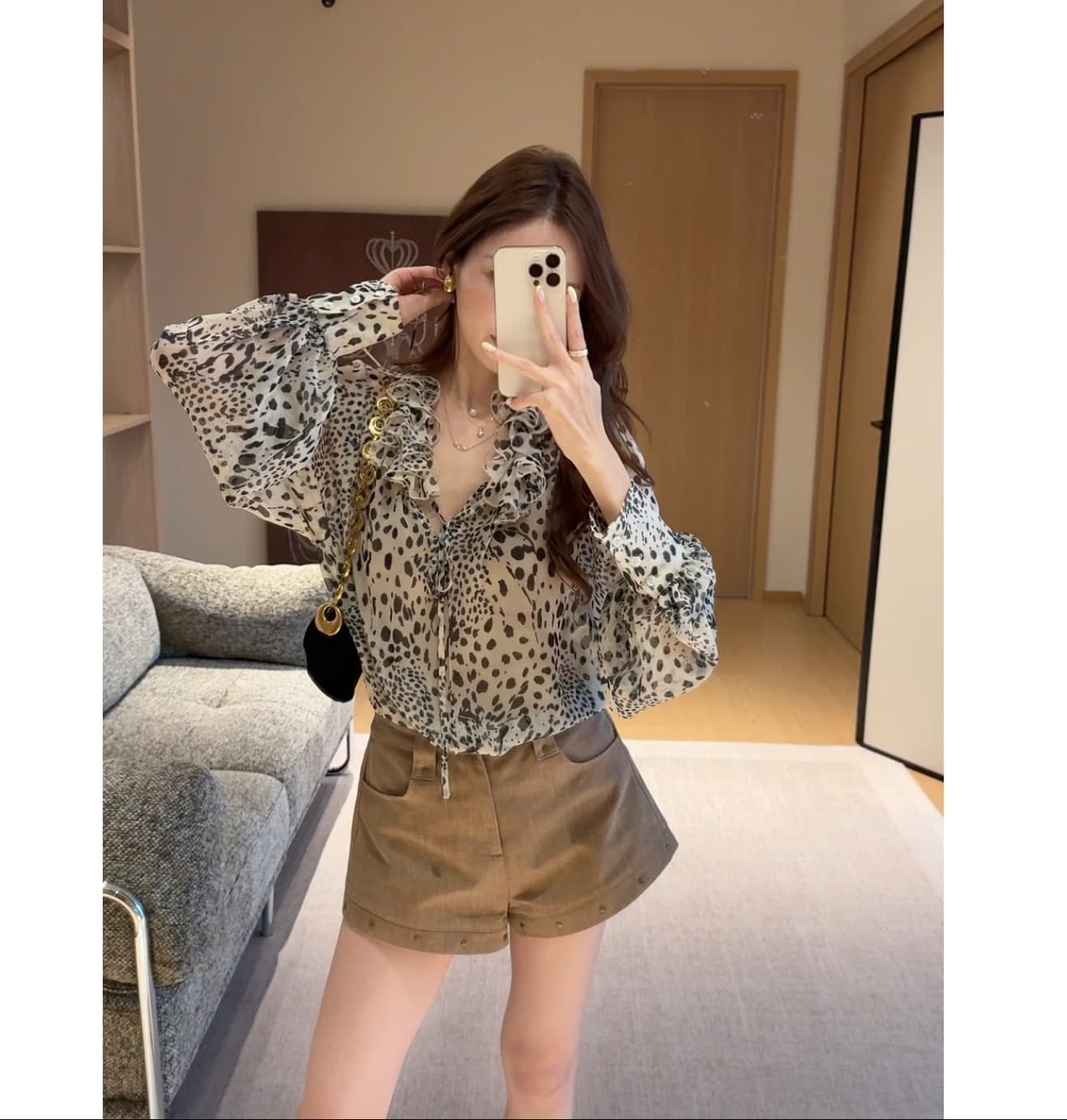 mild oath 모카 코코아 프랑스식 레트로 주름 3 차원 프릴 레오파드 무늬 리본 셔츠 반바지 세트 이미지 2
