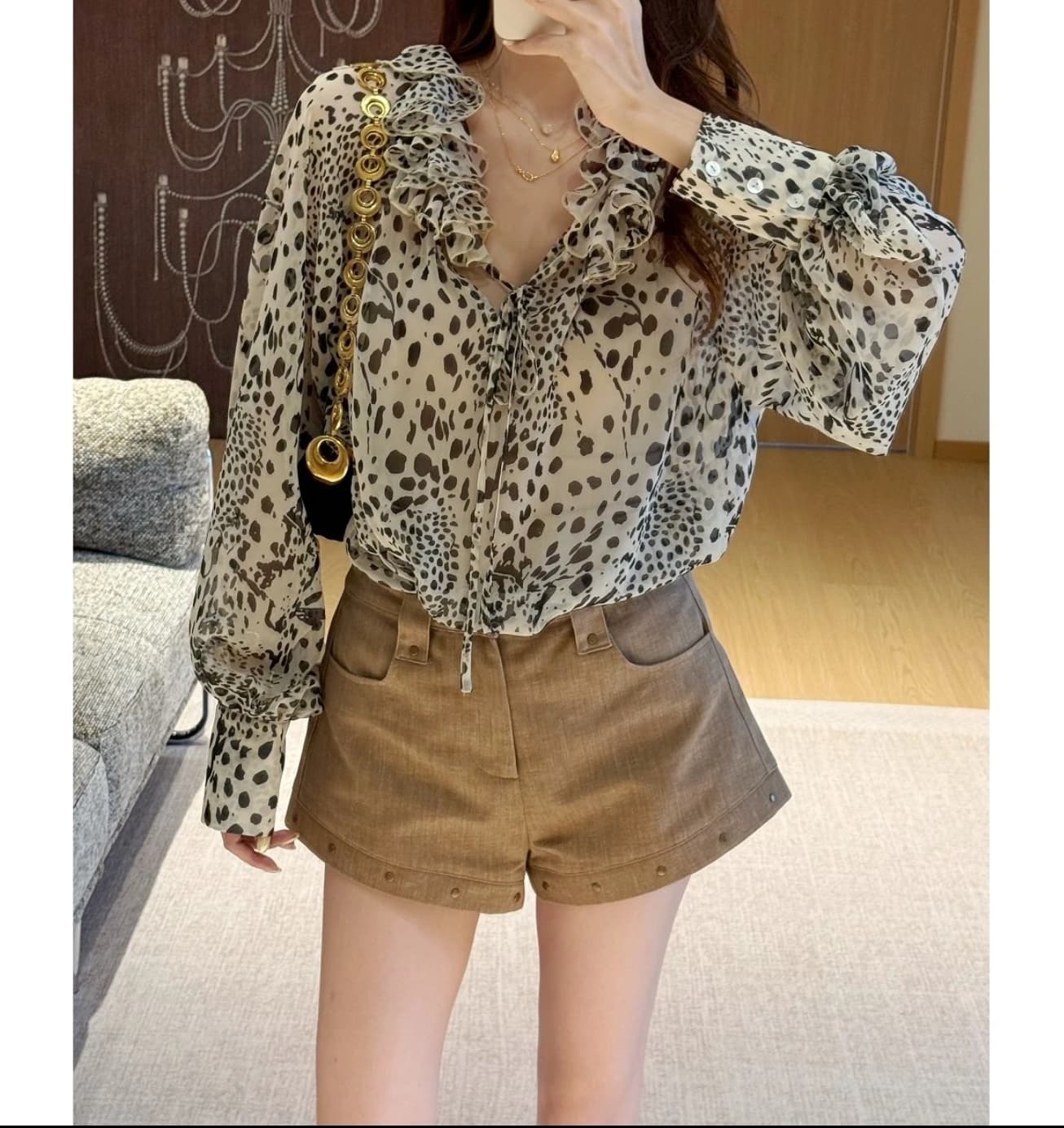 mild oath 모카 코코아 프랑스식 레트로 주름 3 차원 프릴 레오파드 무늬 리본 셔츠 반바지 세트 이미지 3