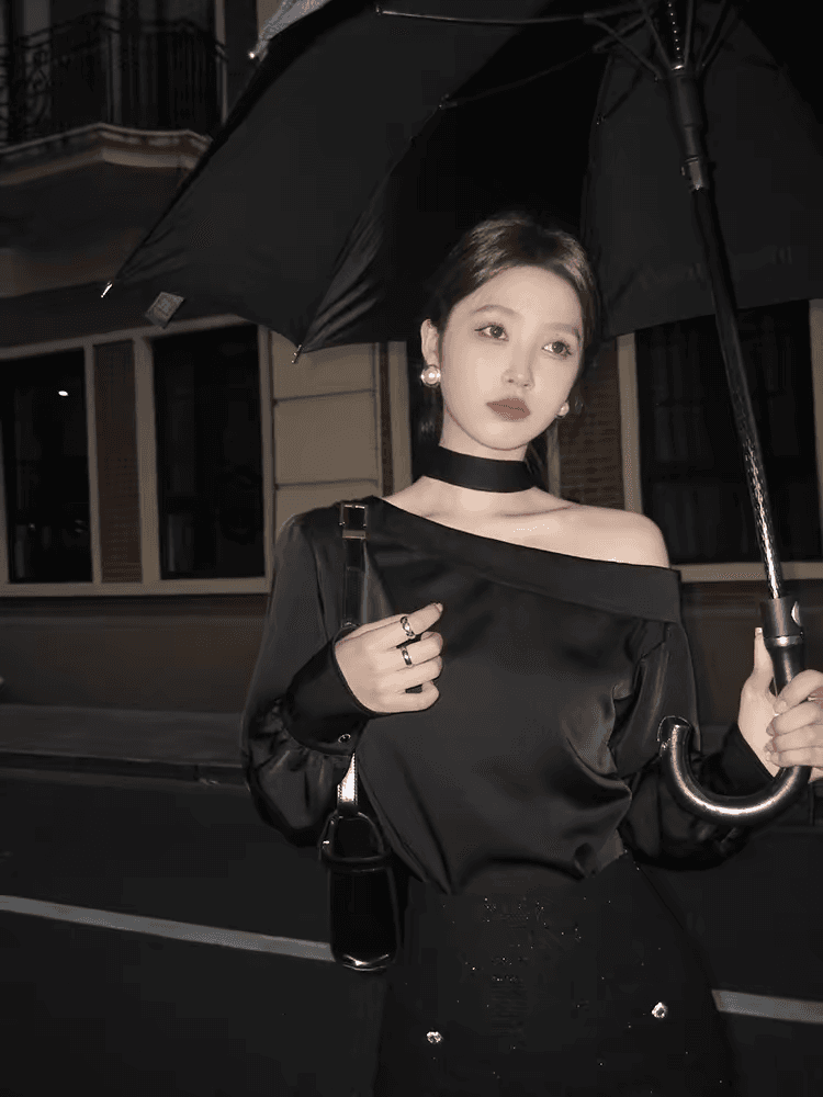 프랑스식 비스듬한 어깨 보트넥 오프숄더 긴팔 맨위 여성 이른 가을 고급 센스 작은 대중 불규칙 슬림해 보이는 새틴 셔츠 이미지 4