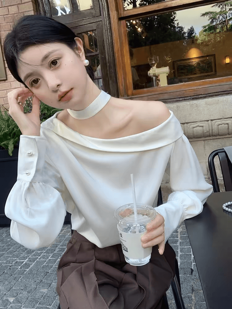 프랑스식 비스듬한 어깨 보트넥 오프숄더 긴팔 맨위 여성 이른 가을 고급 센스 작은 대중 불규칙 슬림해 보이는 새틴 셔츠 상세 이미지 4