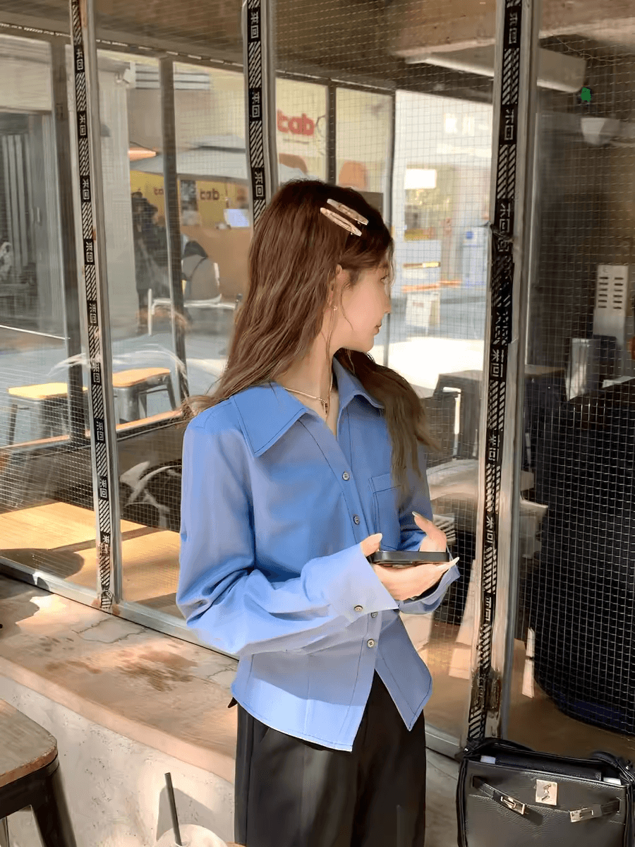 작은 키 가을 파란색 셔츠 여성 디자인 센스 패션 맨위 새로운 품격 긴팔 셔츠 이미지 3