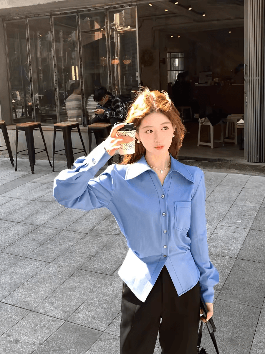 작은 키 가을 파란색 셔츠 여성 디자인 센스 패션 맨위 새로운 품격 긴팔 셔츠 이미지 4