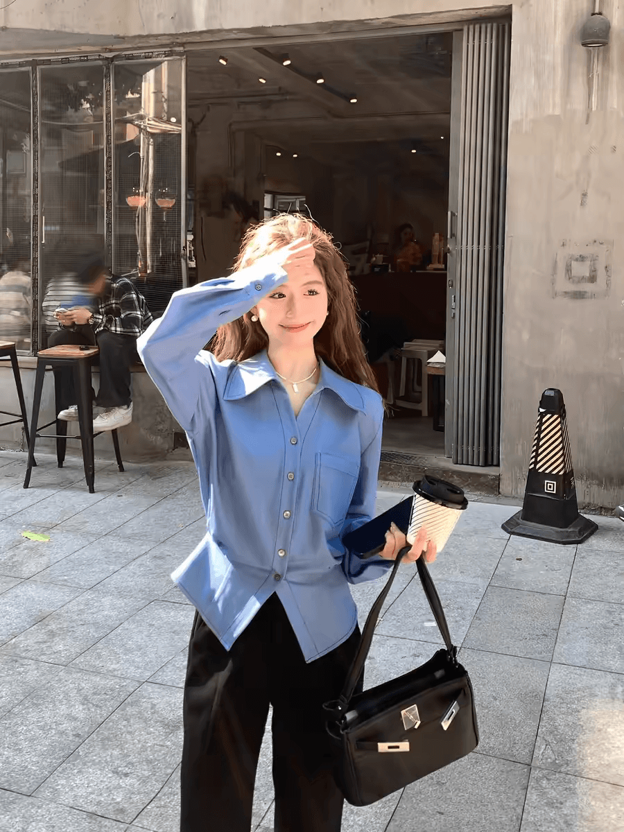 작은 키 가을 파란색 셔츠 여성 디자인 센스 패션 맨위 새로운 품격 긴팔 셔츠 상세 이미지 1