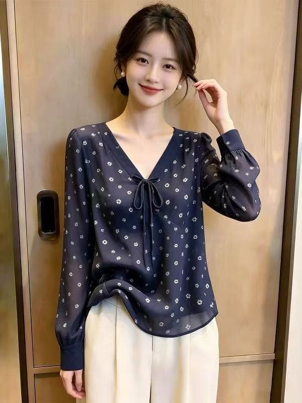 올해 인기 ~ 중 폭발 여성 의류 여름 2026 새로운 블루 색상 레이스업 긴팔 꽃무늬 긴팔 셔츠 맨위 상세 이미지 3