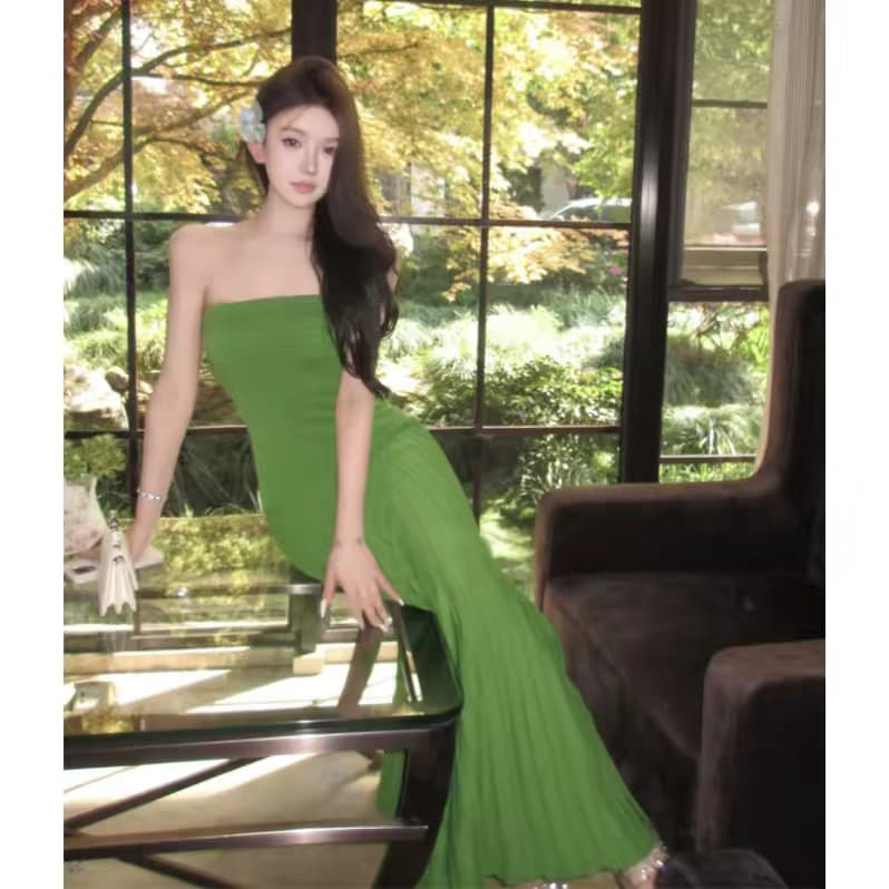 프랑스식 고급 센스 주름 녹색 튜브탑 여성 드레스 해변가 휴가 품격 허리 수축 슬림해 보이는 대 스윙 길이 치마 상세 이미지 2