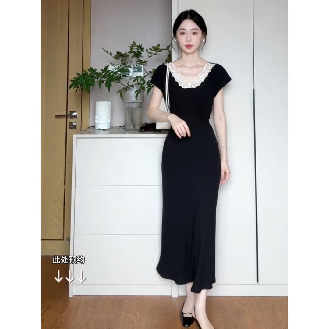 빛 럭셔리 품격 레이스 레이스 V넥 검정색 여성 드레스 2026 여름 새로운 몸매 가꾸기 타이트 스커트 인어 꼬리 롱 스커트