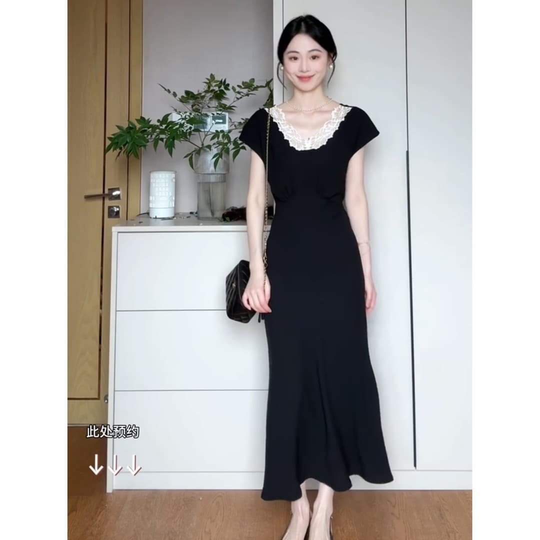 빛 럭셔리 품격 레이스 레이스 V넥 검정색 여성 드레스 2026 여름 새로운 몸매 가꾸기 타이트 스커트 인어 꼬리 롱 스커트 이미지 4