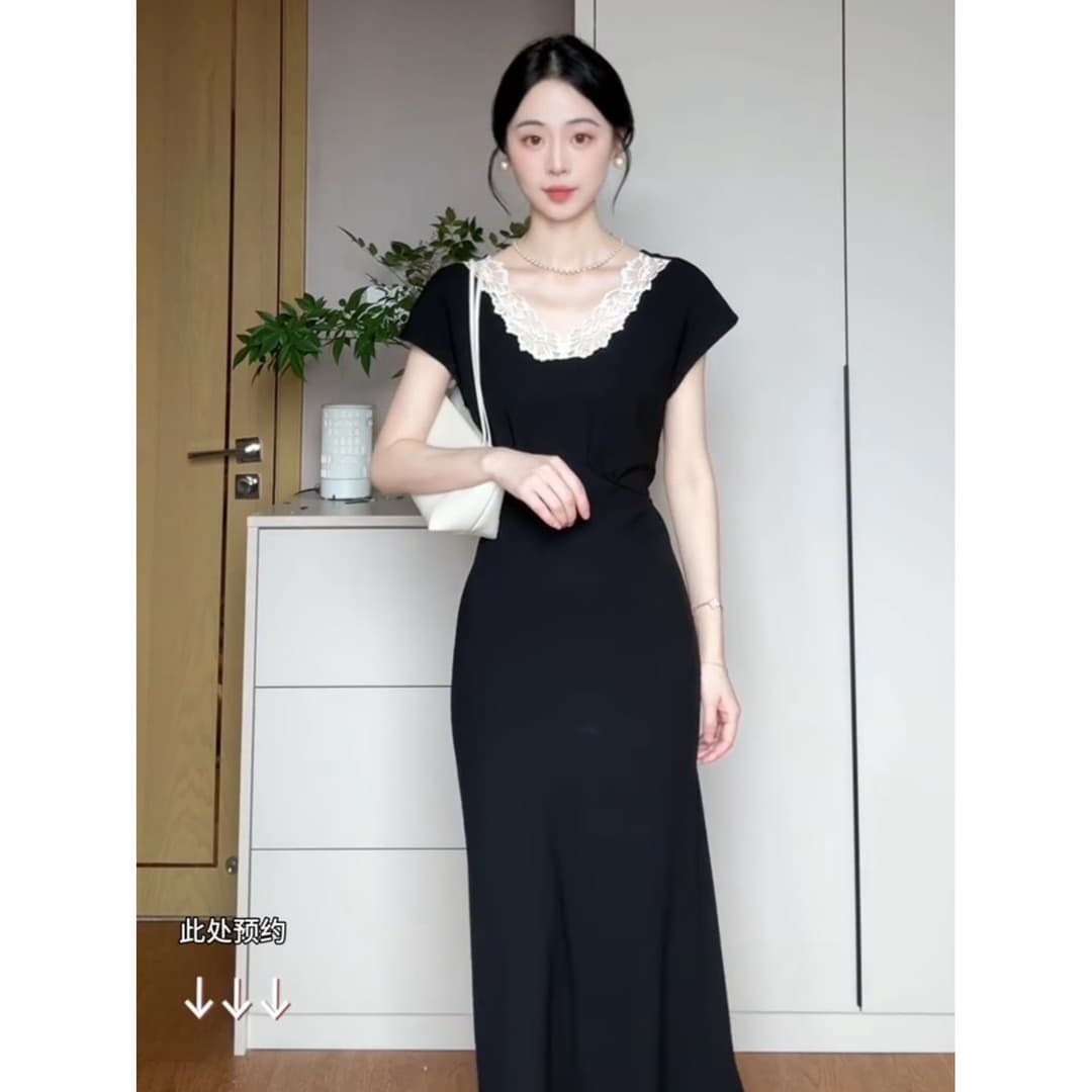 빛 럭셔리 품격 레이스 레이스 V넥 검정색 여성 드레스 2026 여름 새로운 몸매 가꾸기 타이트 스커트 인어 꼬리 롱 스커트 상세 이미지 3