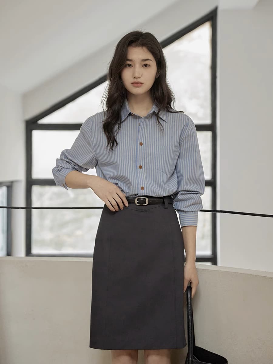 ginnkee 프랑스식 긍정적 인 어깨 파란색 스트라이프 긴팔 여성 셔츠 가을 프랑스식 폴로 칼라 순면 셔츠 Chic 맨위 상세 이미지 1