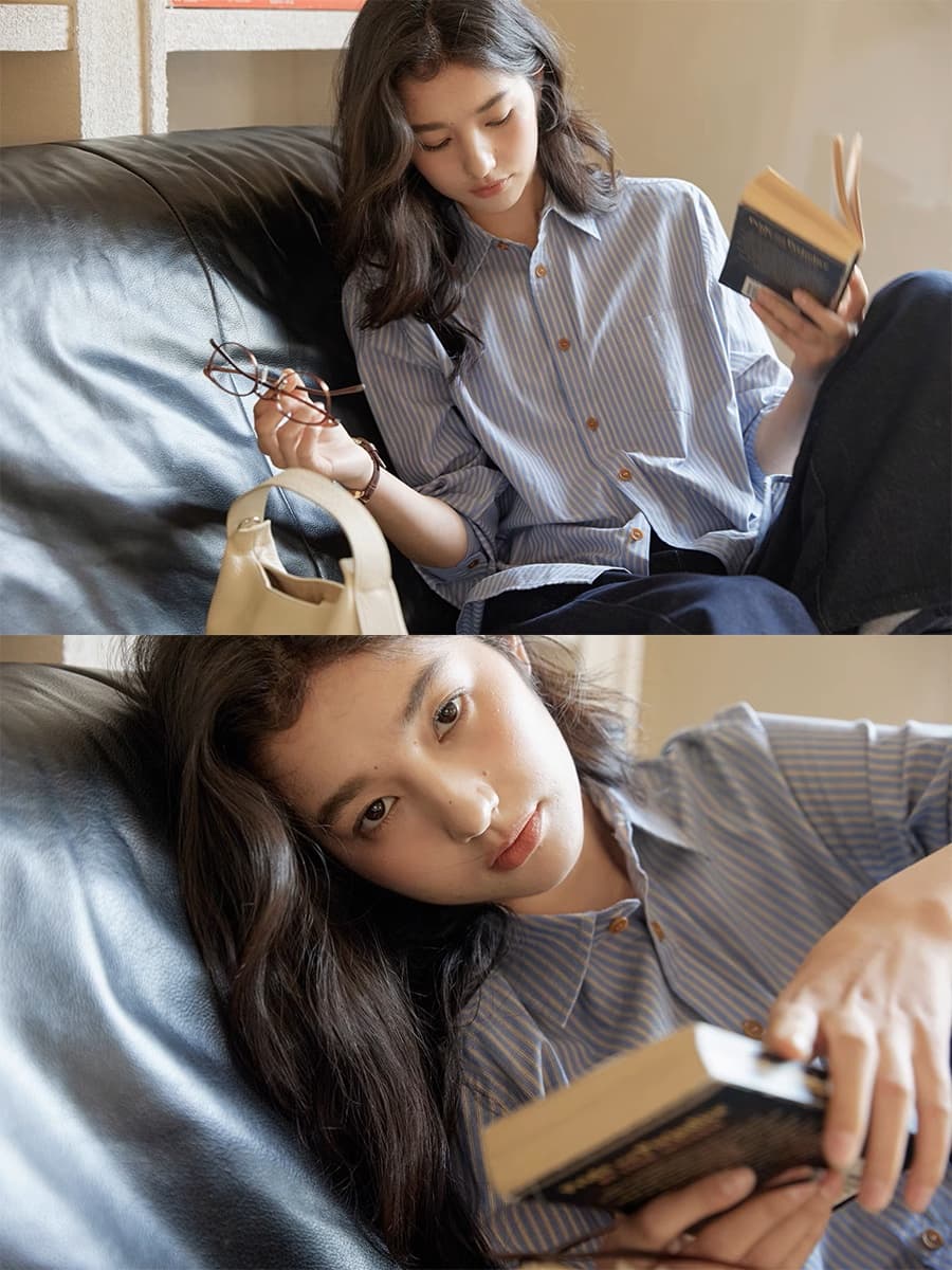 ginnkee 프랑스식 긍정적 인 어깨 파란색 스트라이프 긴팔 여성 셔츠 가을 프랑스식 폴로 칼라 순면 셔츠 Chic 맨위 상세 이미지 4