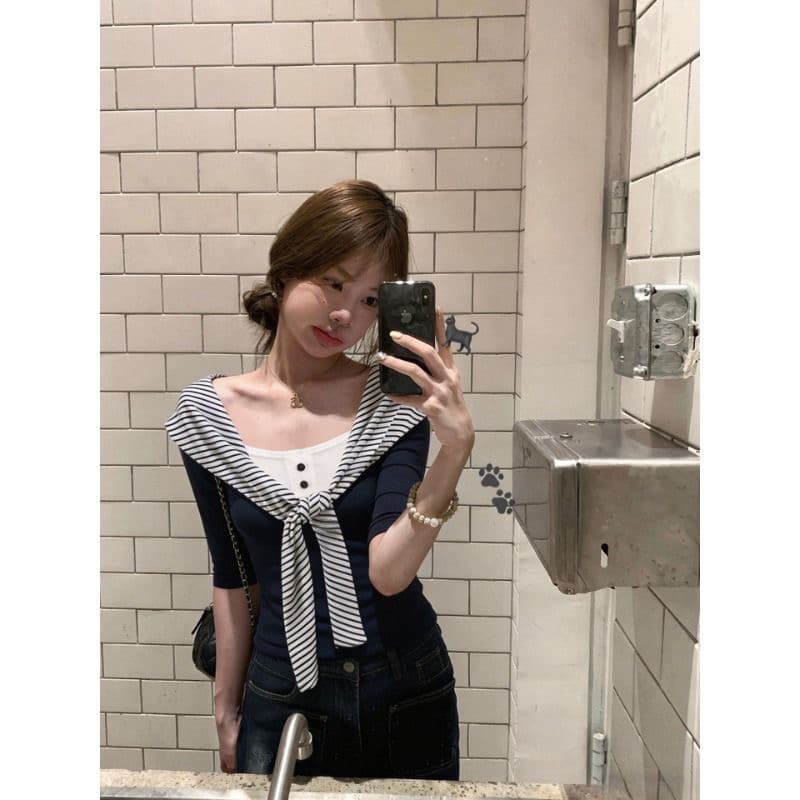 한 부서 학원 스타일 스트라이프 숄 페이크 레이어드 긍정적 인 어깨 반팔 티셔츠 여성 여름 새로운 다용도 달콤한 핫걸 맨위 이미지 4
