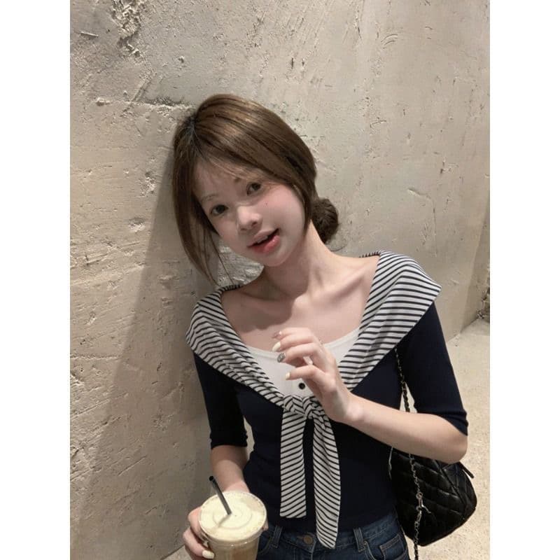 한 부서 학원 스타일 스트라이프 숄 페이크 레이어드 긍정적 인 어깨 반팔 티셔츠 여성 여름 새로운 다용도 달콤한 핫걸 맨위 이미지 3