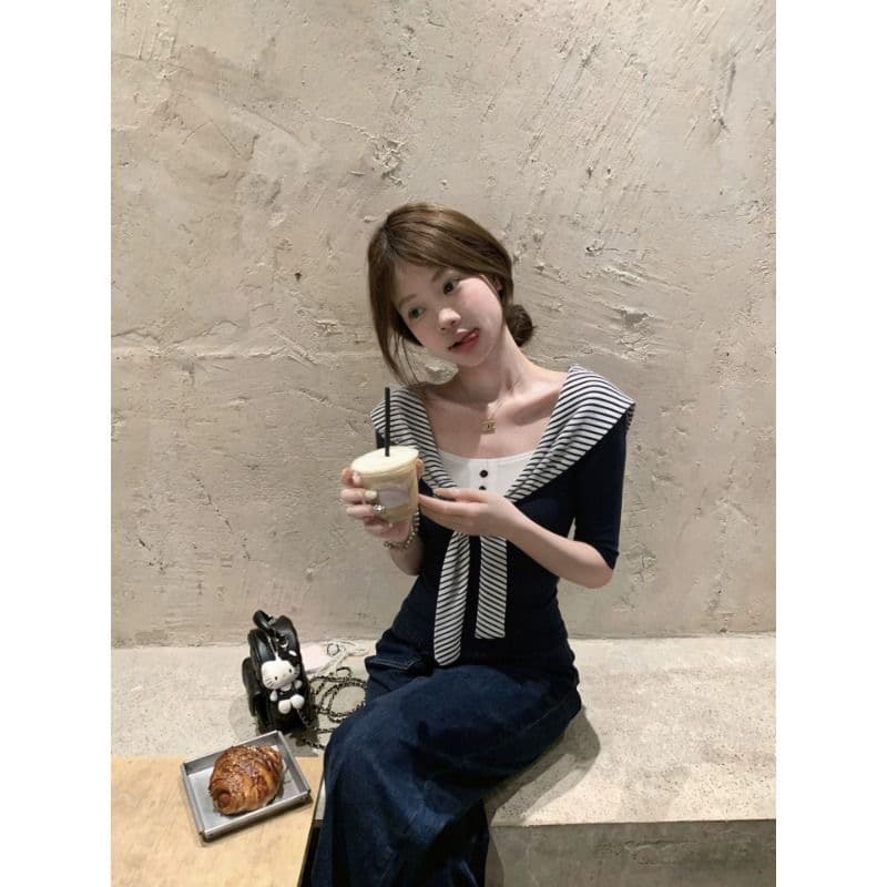 한 부서 학원 스타일 스트라이프 숄 페이크 레이어드 긍정적 인 어깨 반팔 티셔츠 여성 여름 새로운 다용도 달콤한 핫걸 맨위 상세 이미지 1