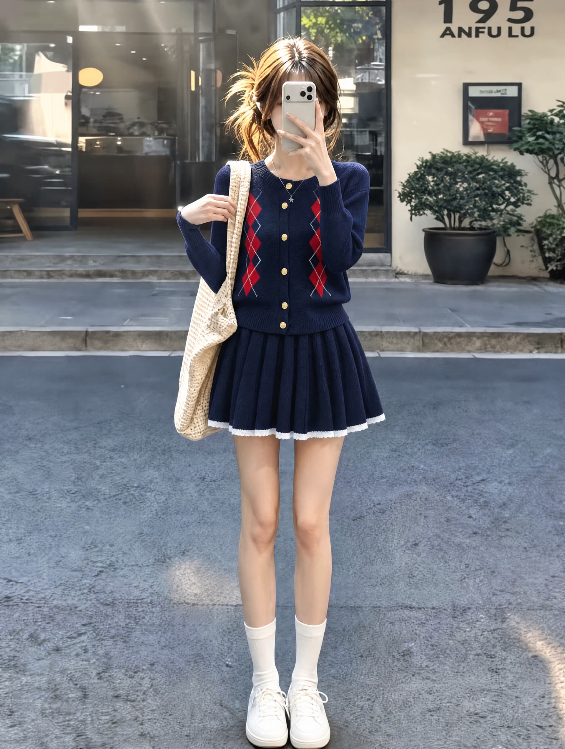 가을 새로운 학원 스타일 레트로 다이아몬드 모양 그리드 긴팔 니트 카디건 코트 플리츠 미니 스커트 투피스 세트 상세 이미지 2