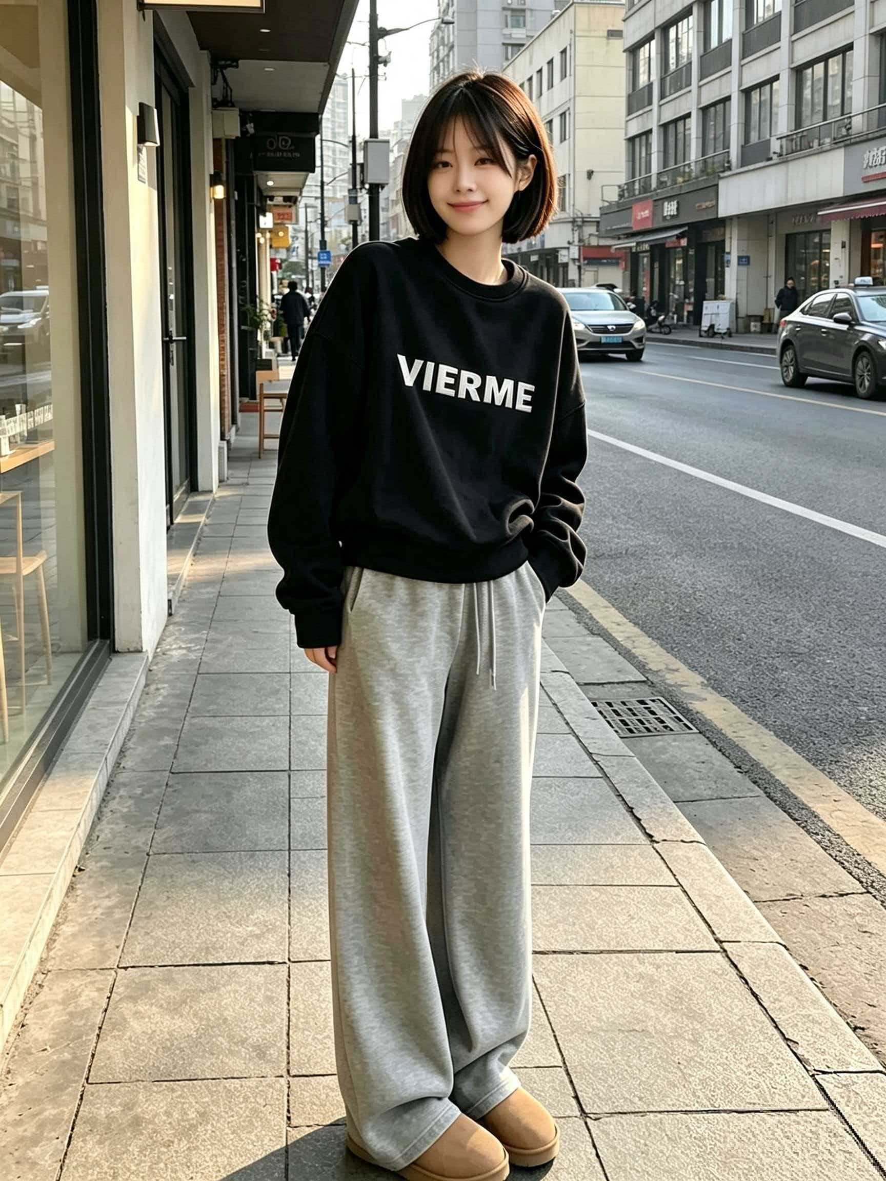후드티 가을 의상 여자 2026 새로운 검정색 알파벳 프린트 긍정적 인 어깨 아메리칸 느긋한 chic 고유 한 Chic 맨위 상세 이미지 1