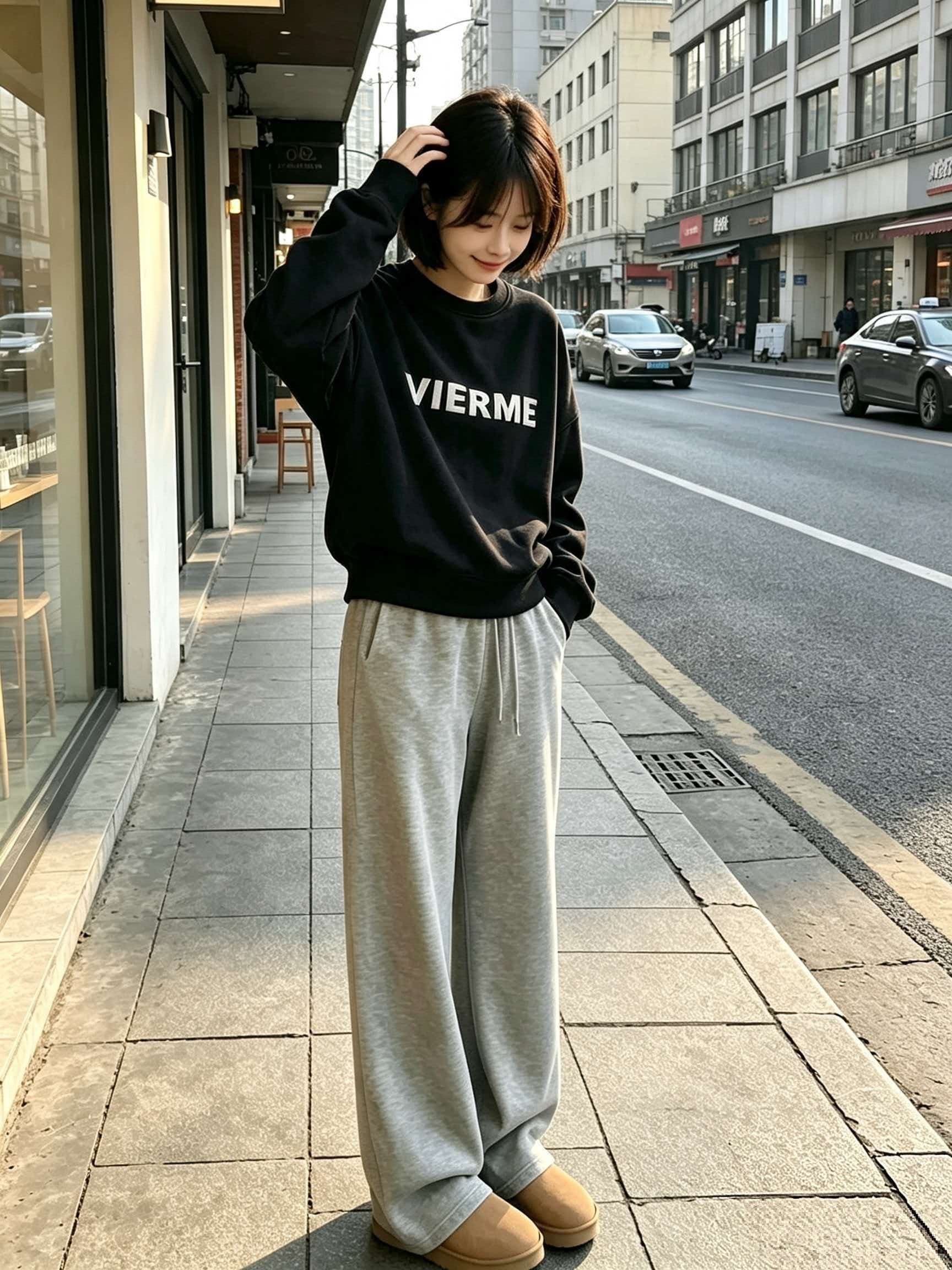 후드티 가을 의상 여자 2026 새로운 검정색 알파벳 프린트 긍정적 인 어깨 아메리칸 느긋한 chic 고유 한 Chic 맨위 상세 이미지 4