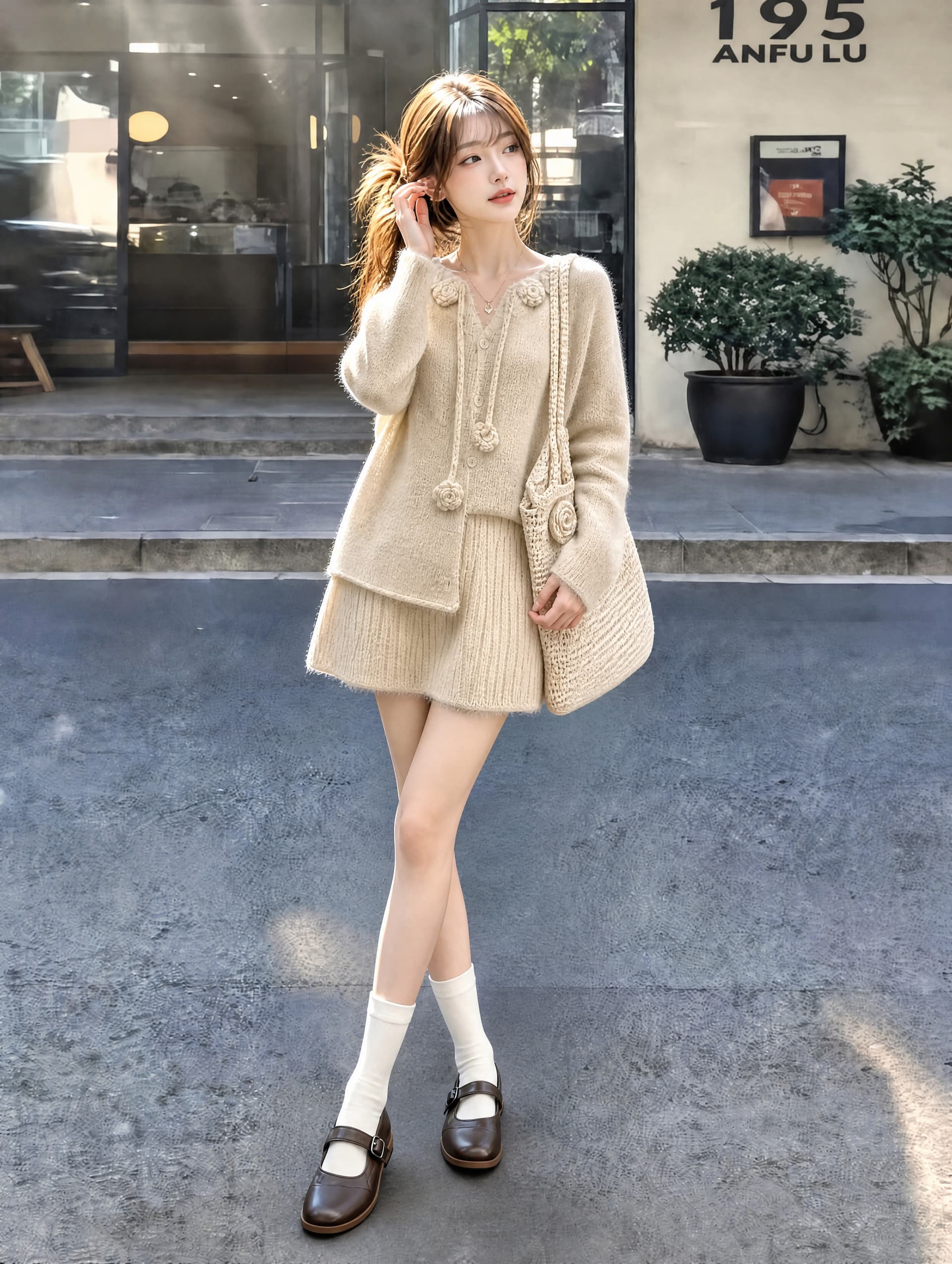 가을과 겨울 3 차원 장미 따뜻한 부드럽다 찹쌀 싱글 줄 버튼 스웨터 코트 한 마디 니트 미니 스커트 세트 투피스 세트 상세 이미지 2
