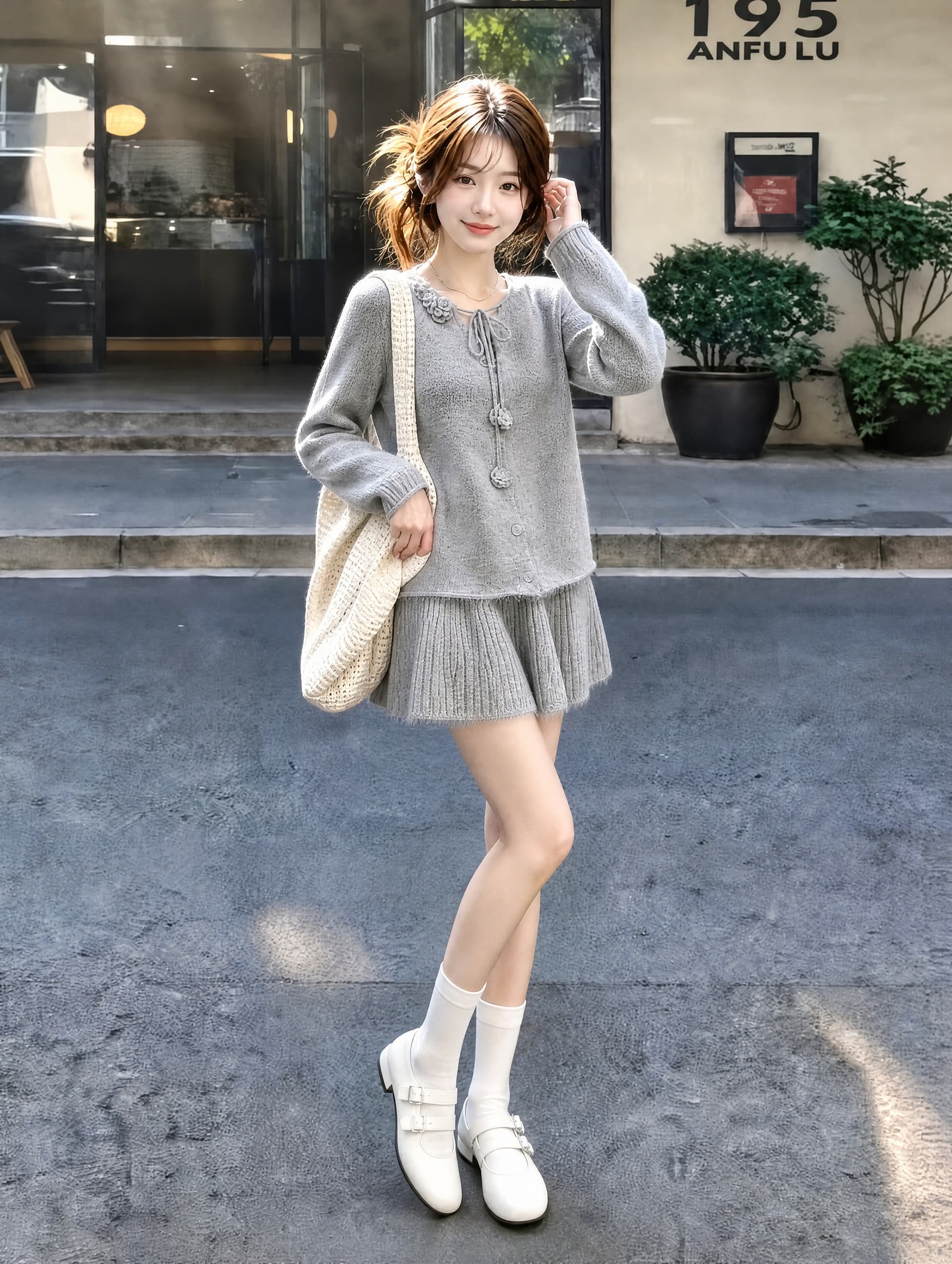 가을과 겨울 3 차원 장미 따뜻한 부드럽다 찹쌀 싱글 줄 버튼 스웨터 코트 한 마디 니트 미니 스커트 세트 투피스 세트 상세 이미지 3