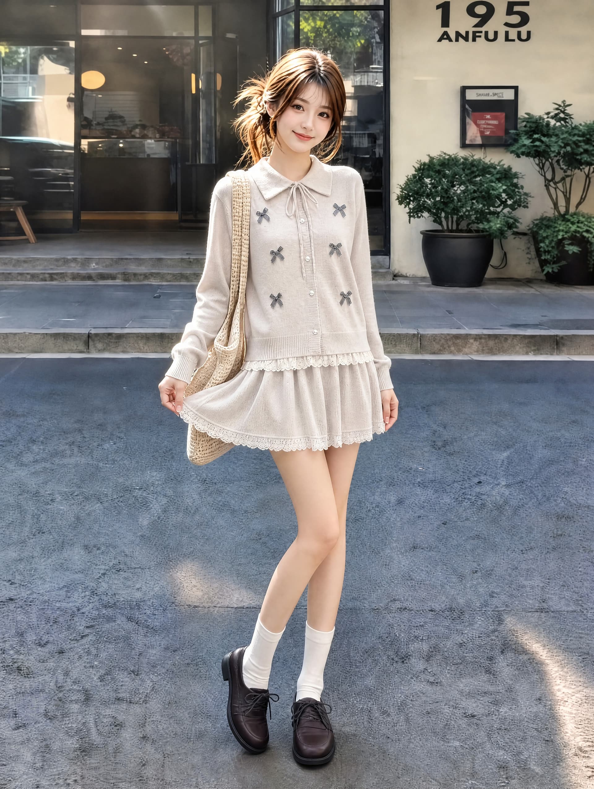가을 겨울 새로운 한 부서 쇼트 스타일 나비 매듭 레이스 레이스 긴팔 폴로 칼라 스웨터 오픈 가디건 반신 스커트 투피스 세트 이미지 3